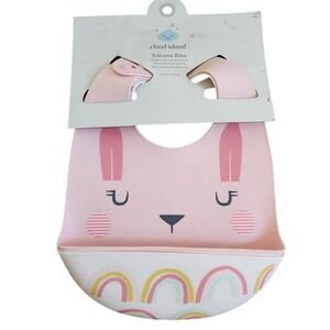Cloud Island Silicone Bibs 2 Pack Pink Bunny and Rainbows NWT